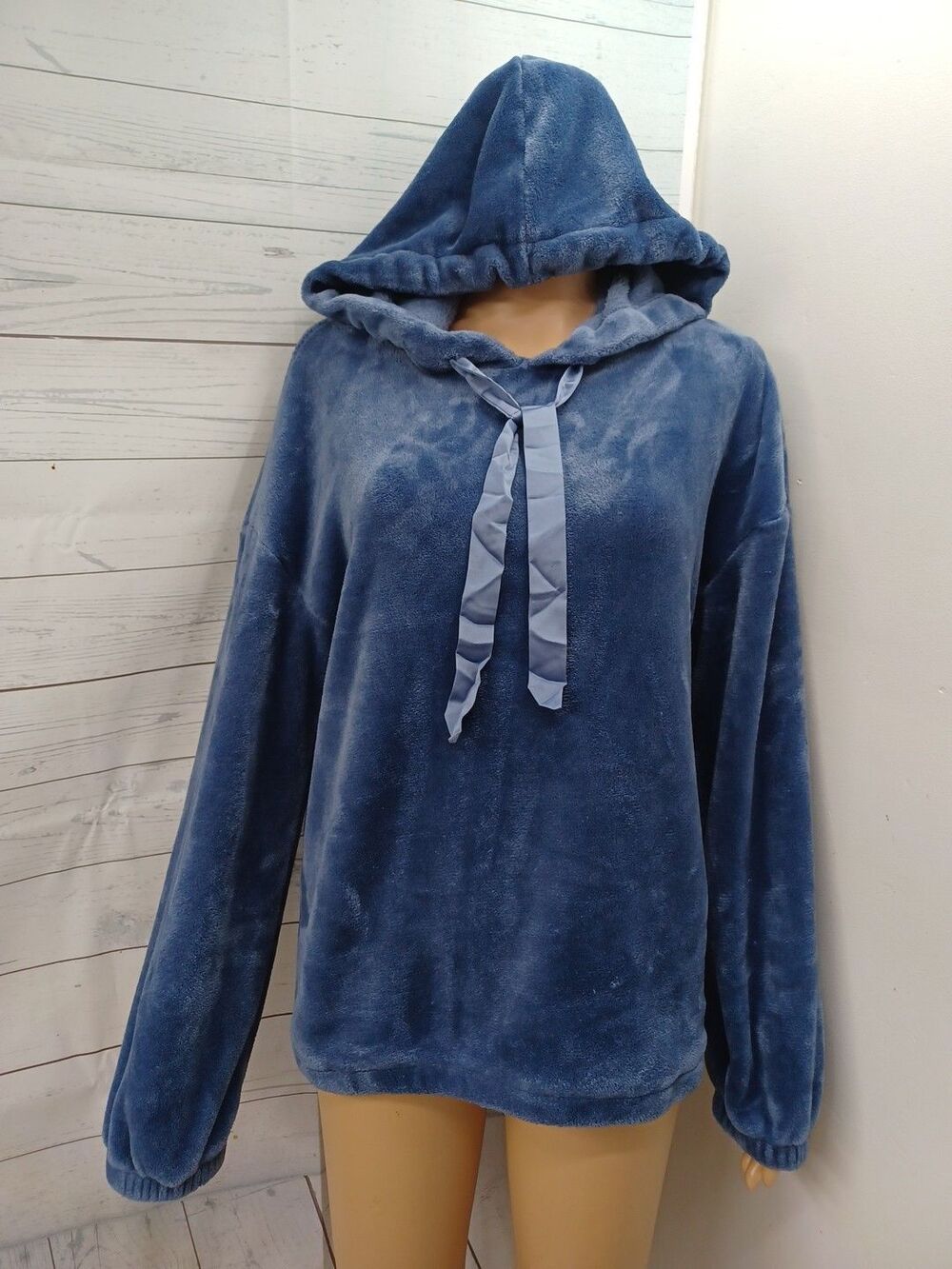 Lauren Conrad Faux Fur Velvet Womens Hoodie Sweater Gray Blue Sz L